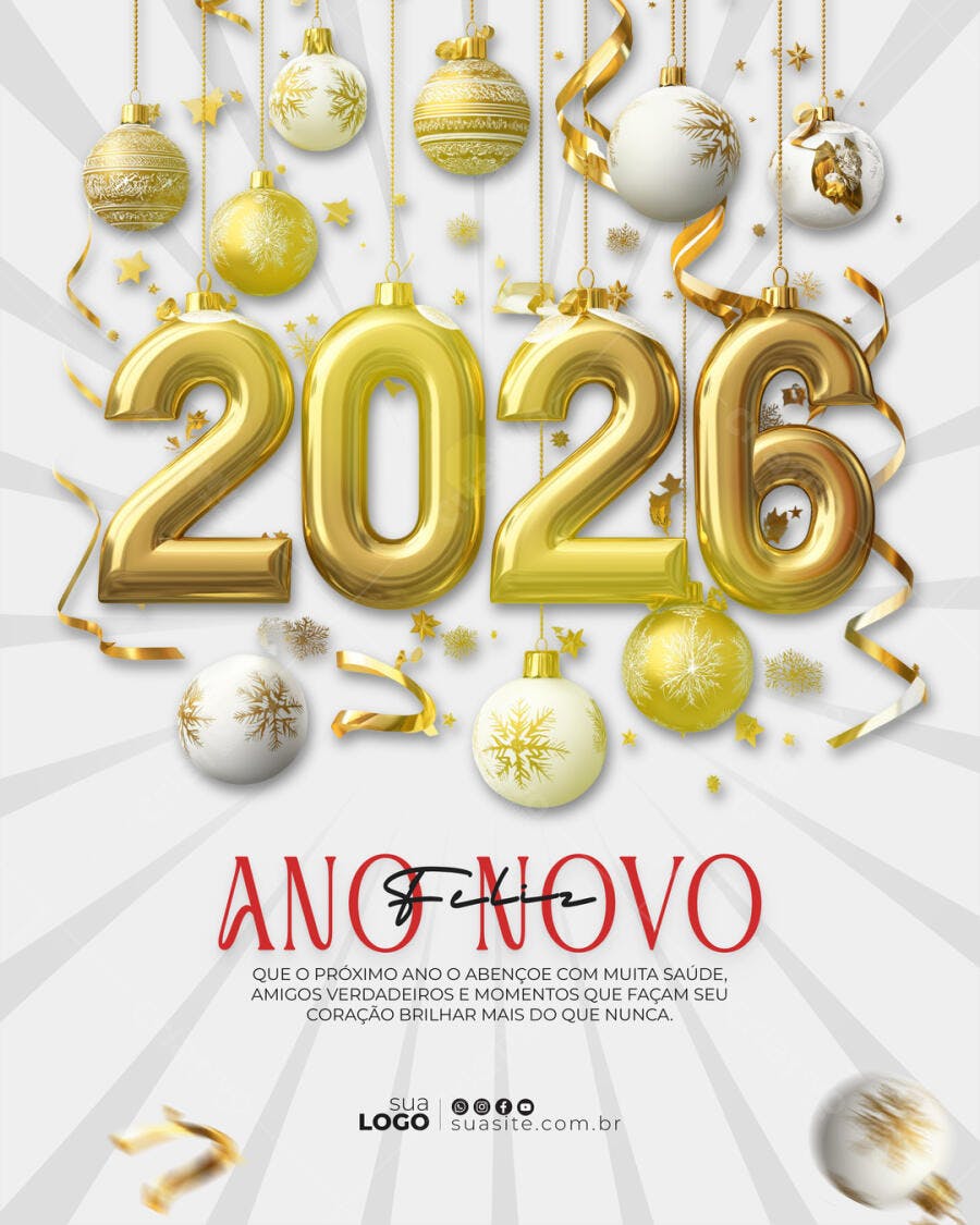 Flyer Ano Novo 2026 Dourado com Enfeites Festivos PSD Editável