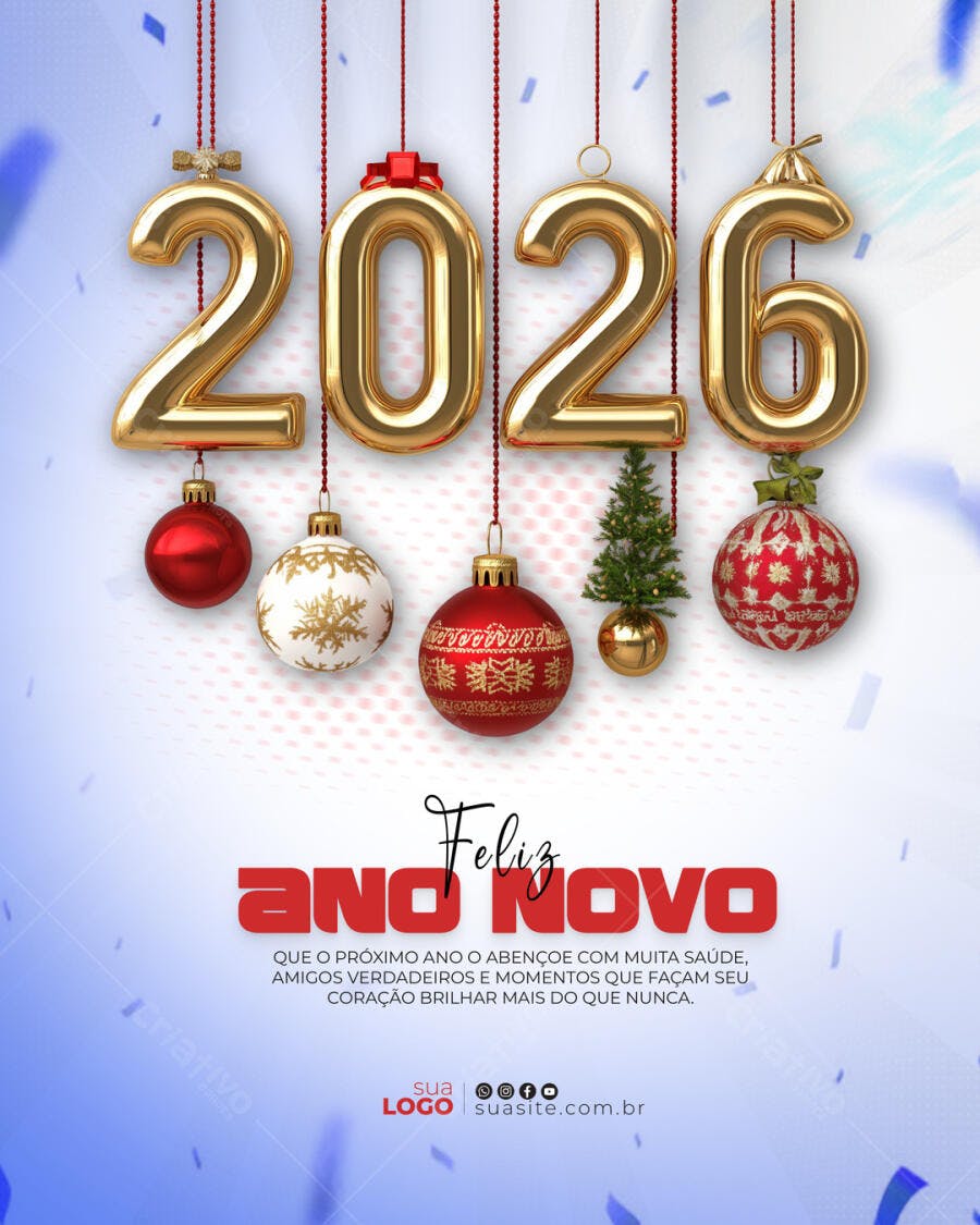 Post para Redes Sociais Feliz Ano Novo 2026 Dourado e Vermelho PSD Editável
