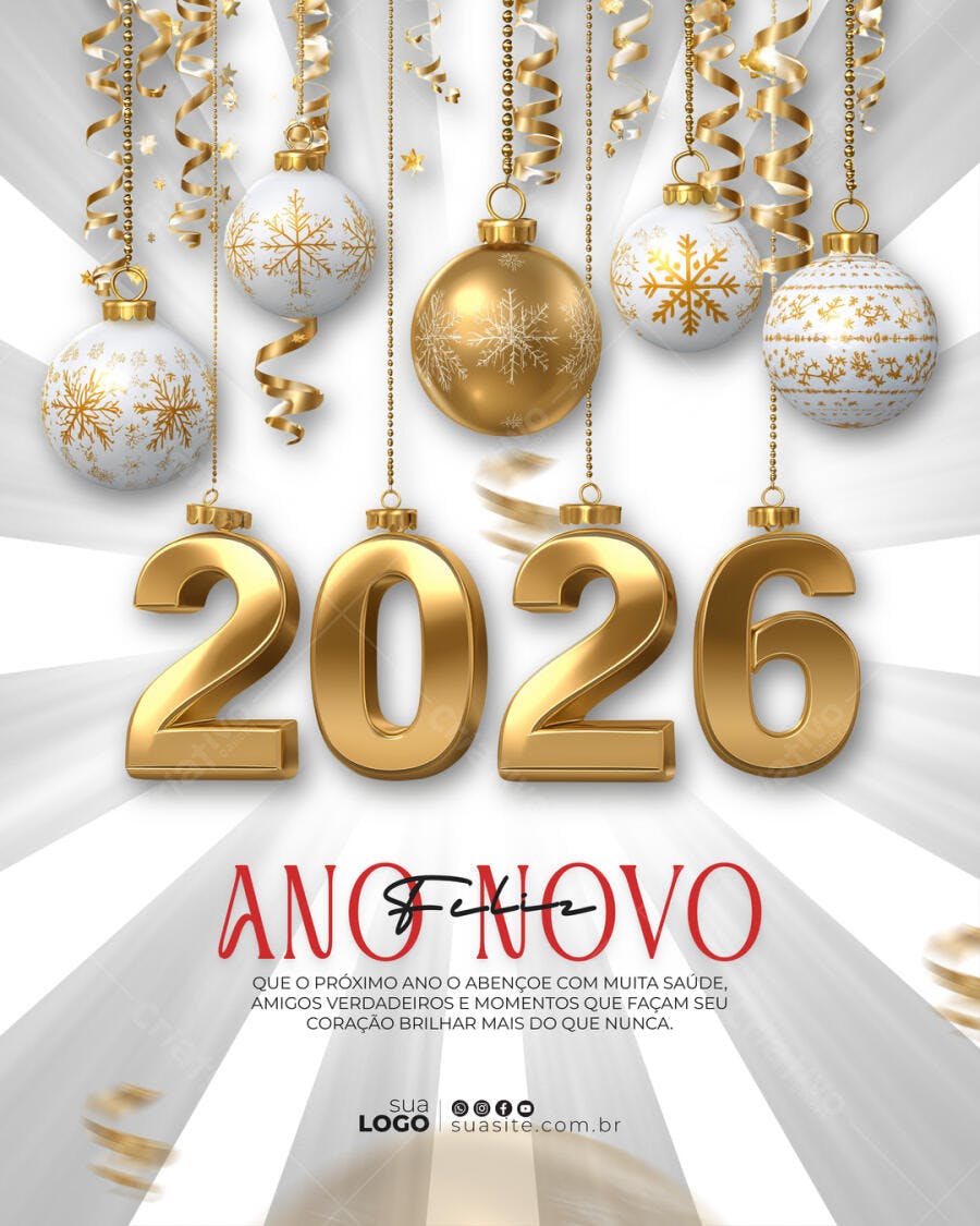 Flyer para Ano Novo 2026 Dourado e Branco PSD Editável