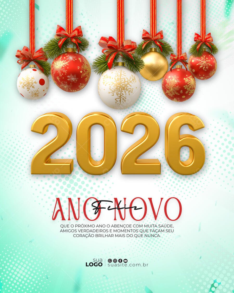Flyer de Ano Novo 2026 com Enfeites Festivos e Dourados PSD Editável
