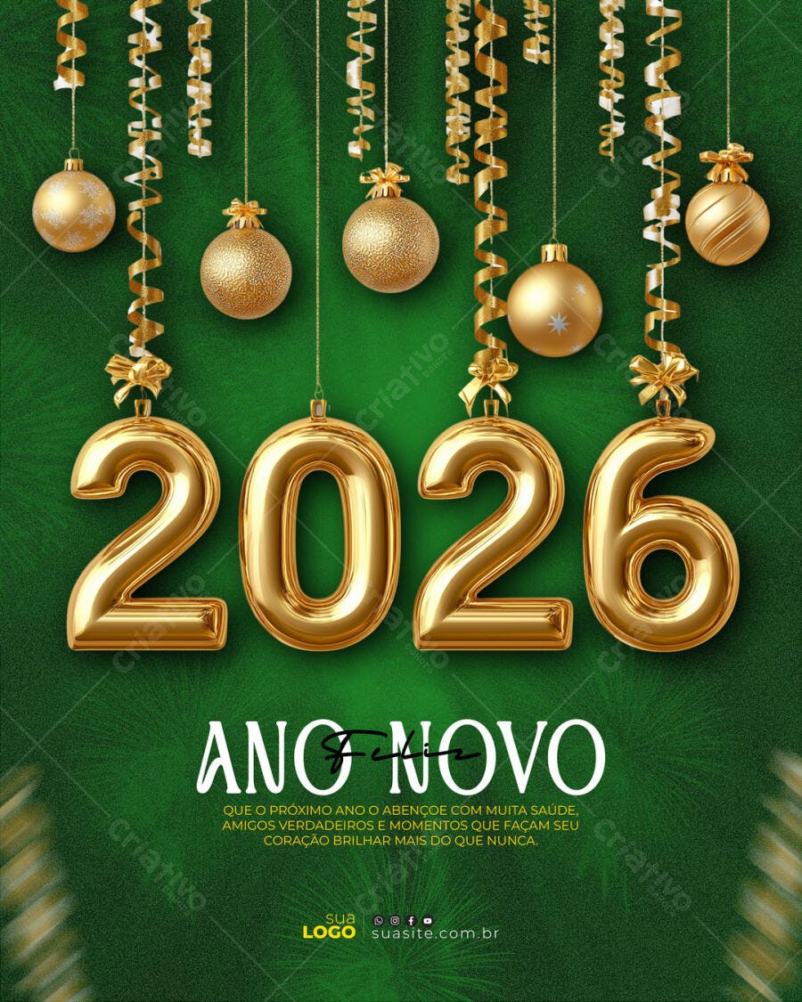 Flyer Ano Novo 2026 Dourado com Mensagem PSD Editável
