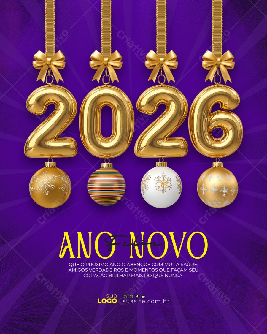 Flyer Ano Novo 2026 com Bolas Natalinas Douradas PSD Editável
