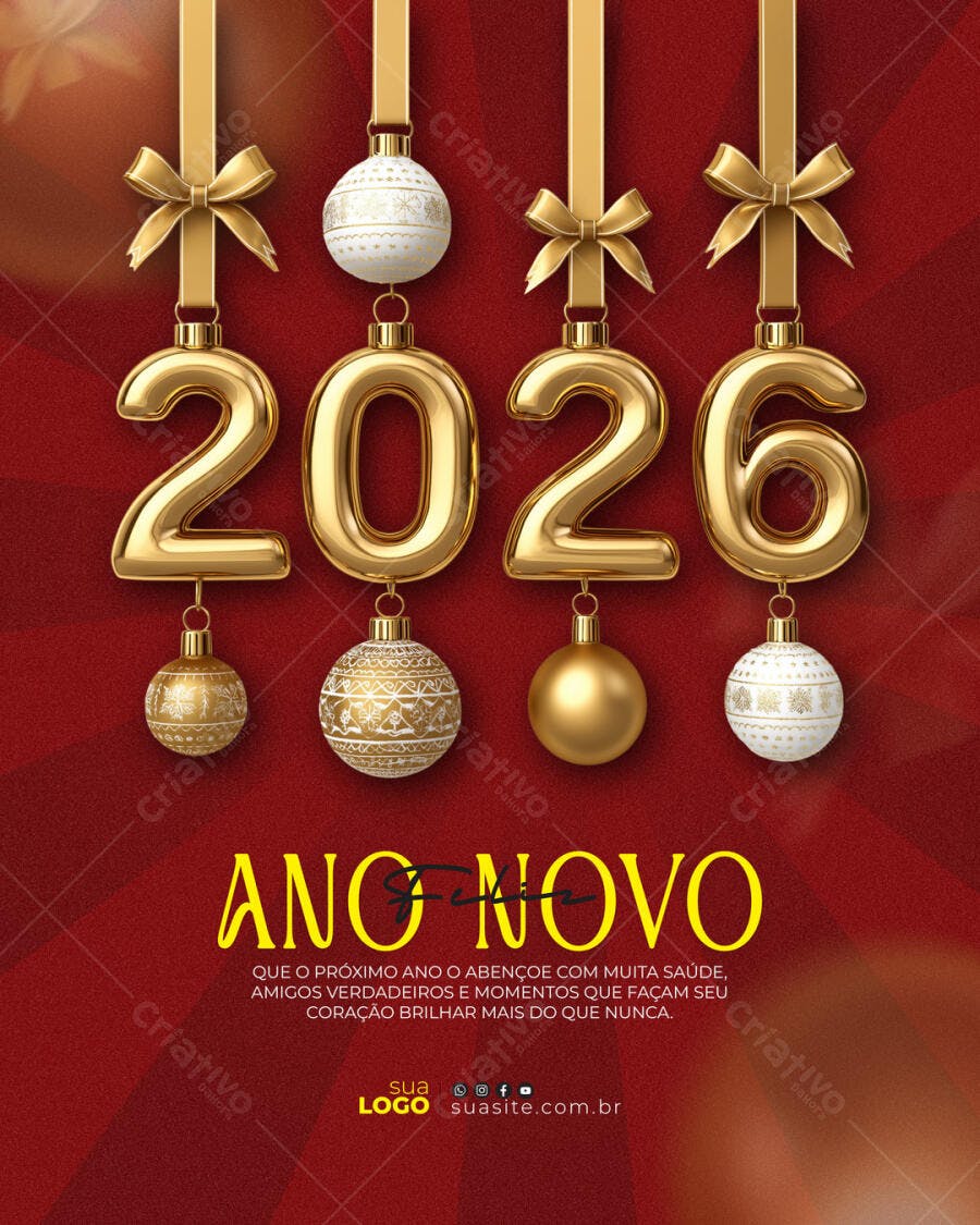 Flyer Ano Novo 2026 Celebração Dourada Vermelha PSD Editável