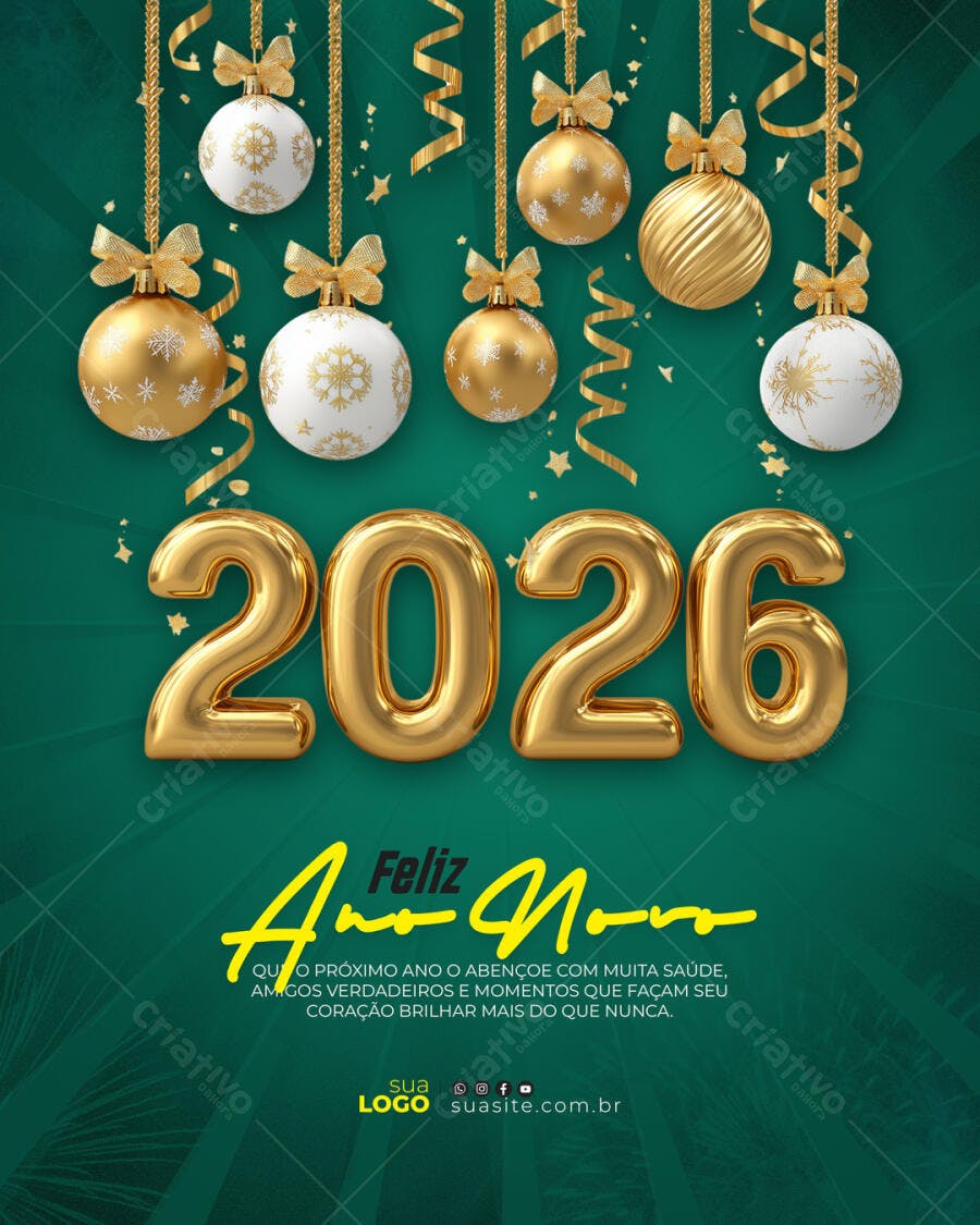 Flyer Ano Novo 2026 Feliz Ano Novo Dourado e Verde PSD Editável