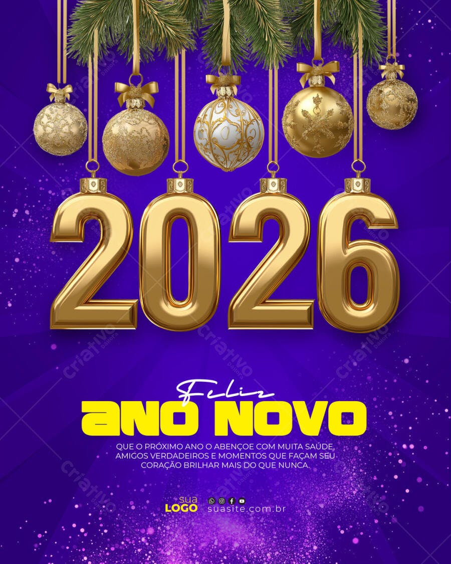 Flyer Ano Novo 2026 Dourado Roxo PSD Editável