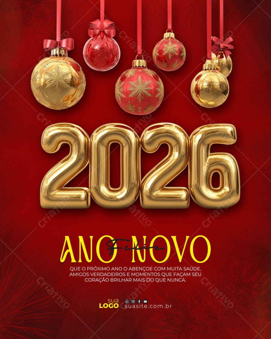 Flyer Ano Novo 2026 com Balões Dourados e Ornamentos PSD Editável