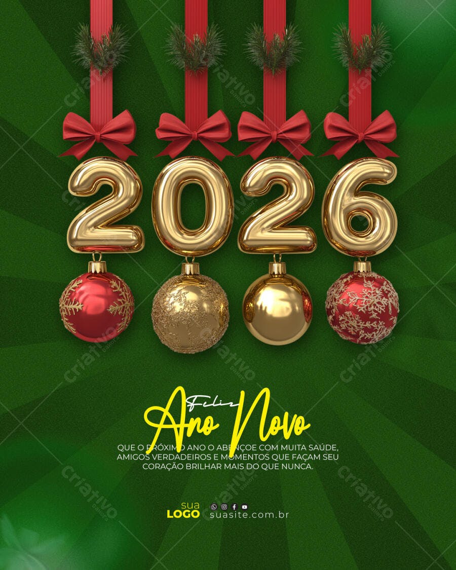 Flyer Ano Novo 2026 com Mensagem Festiva e Balões Dourados PSD Editável