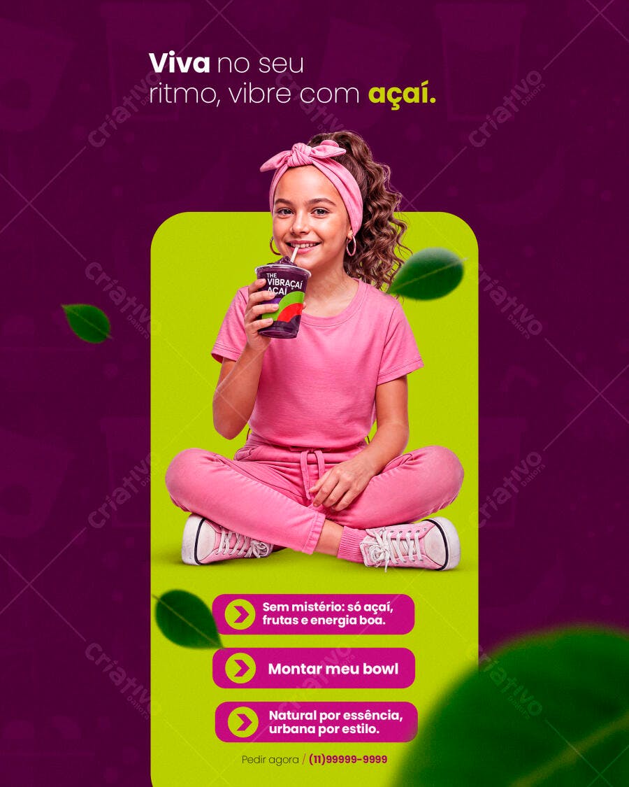 Post Redes Sociais Açaí Menina Rosa Copo Roxo Vibrante PSD Editável
