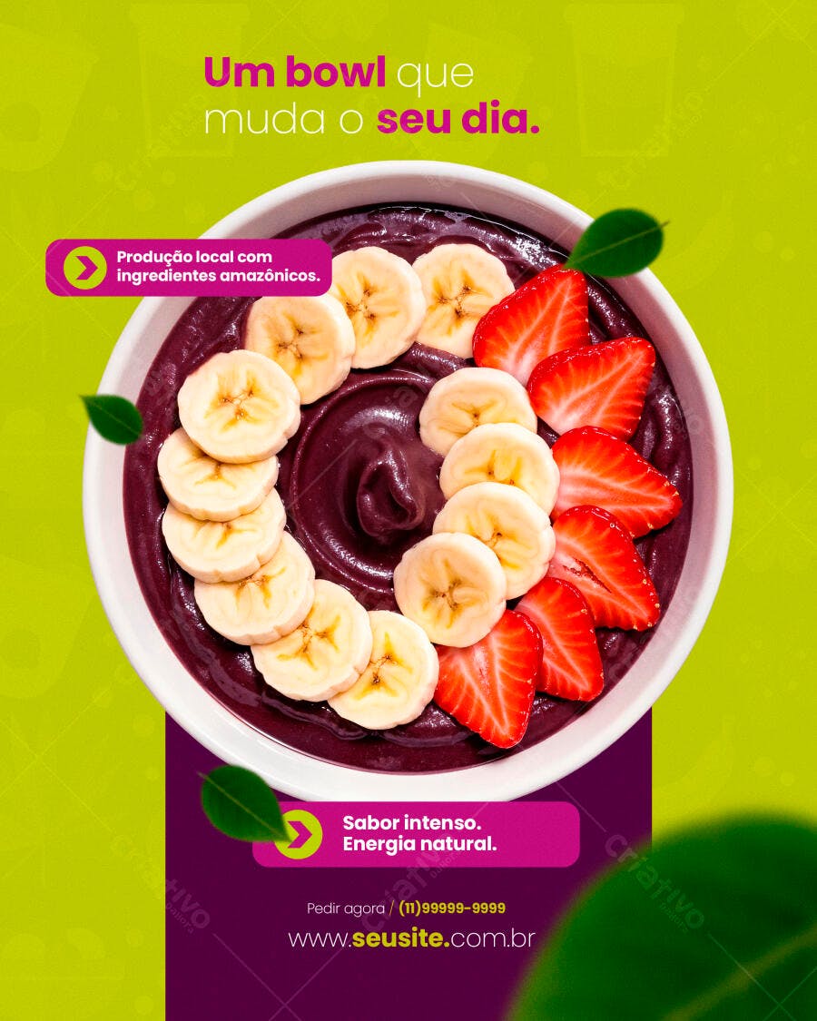 Flyer para Açaí com Banana Morango e Energia Natural PSD Editável