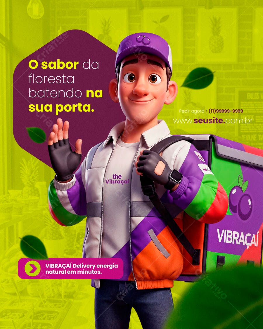 Flyer Açaí Delivery Personagem 3D Sabor da Floresta PSD Editável