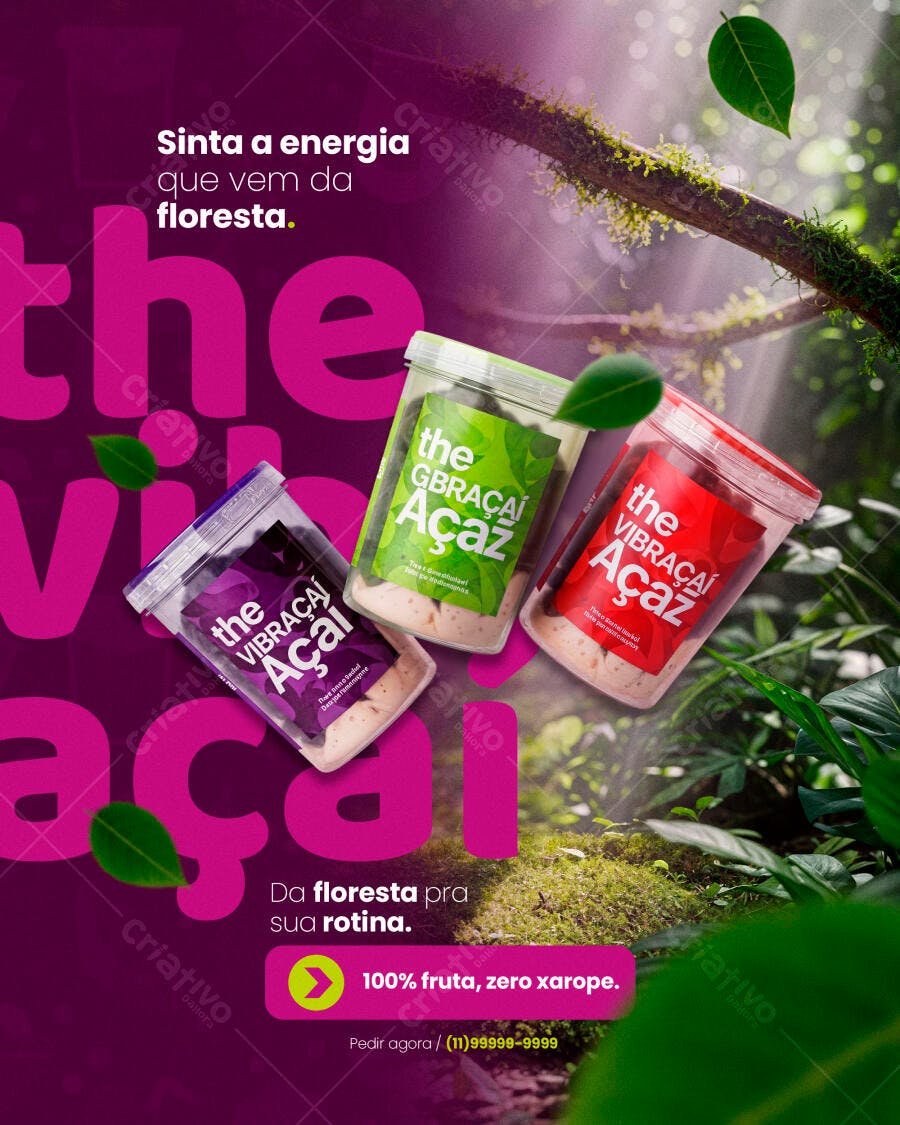 Flyer para Açaí Vibraçaí Gbraçaí Energia Natural PSD Editável