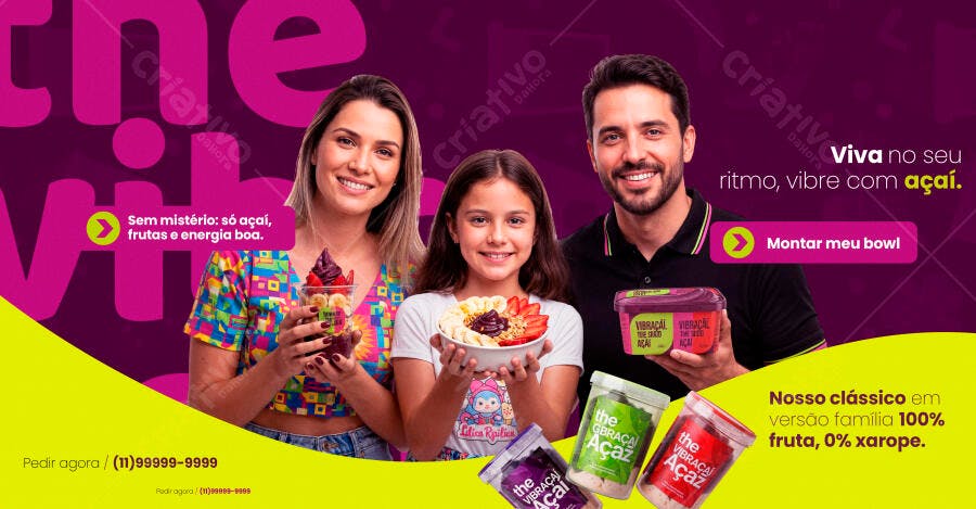 Flyer Açaí para Família com Frutas e Energia PSD Editável