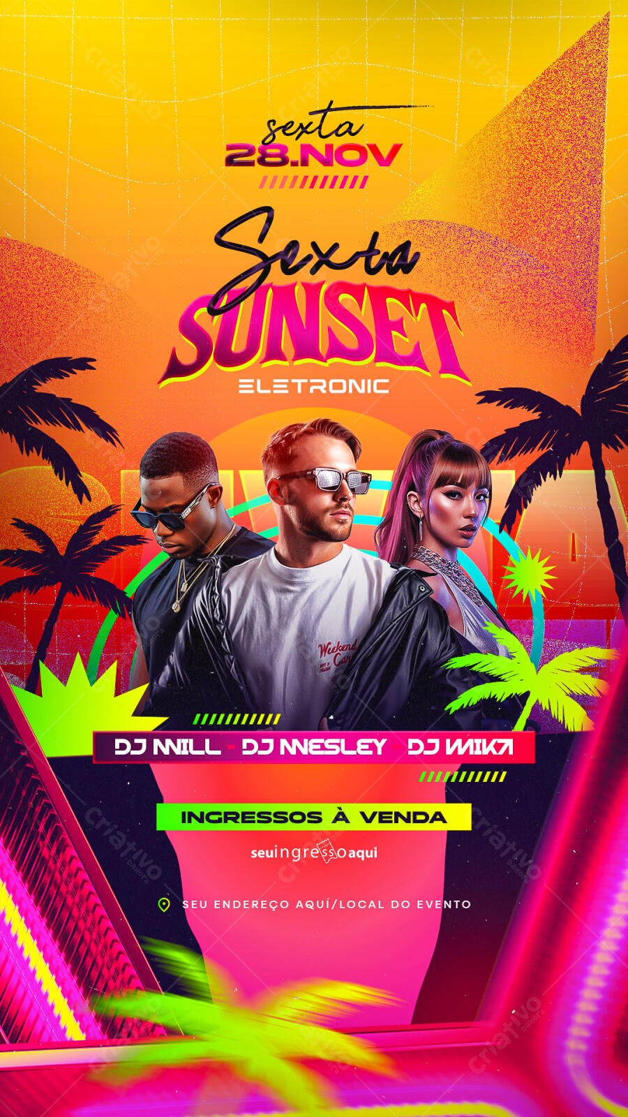 Flyer para Sexta Sunset Eletrônico com DJs PSD Editável