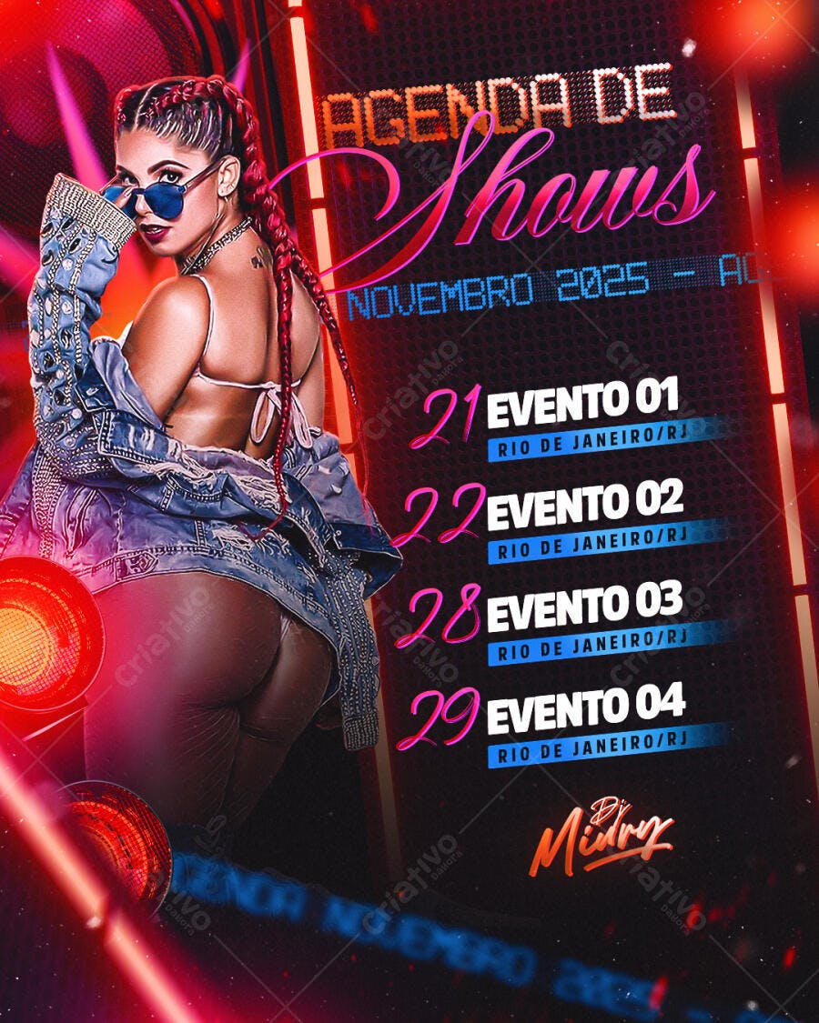 Flyer Agenda Shows Dj Midory Mulher Ruiva Balada Neon PSD Editável