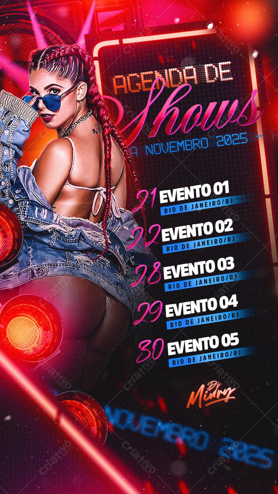 Flyer Vertical Agenda de Shows Balada DJ com Tranças Rosa Psd Editável
