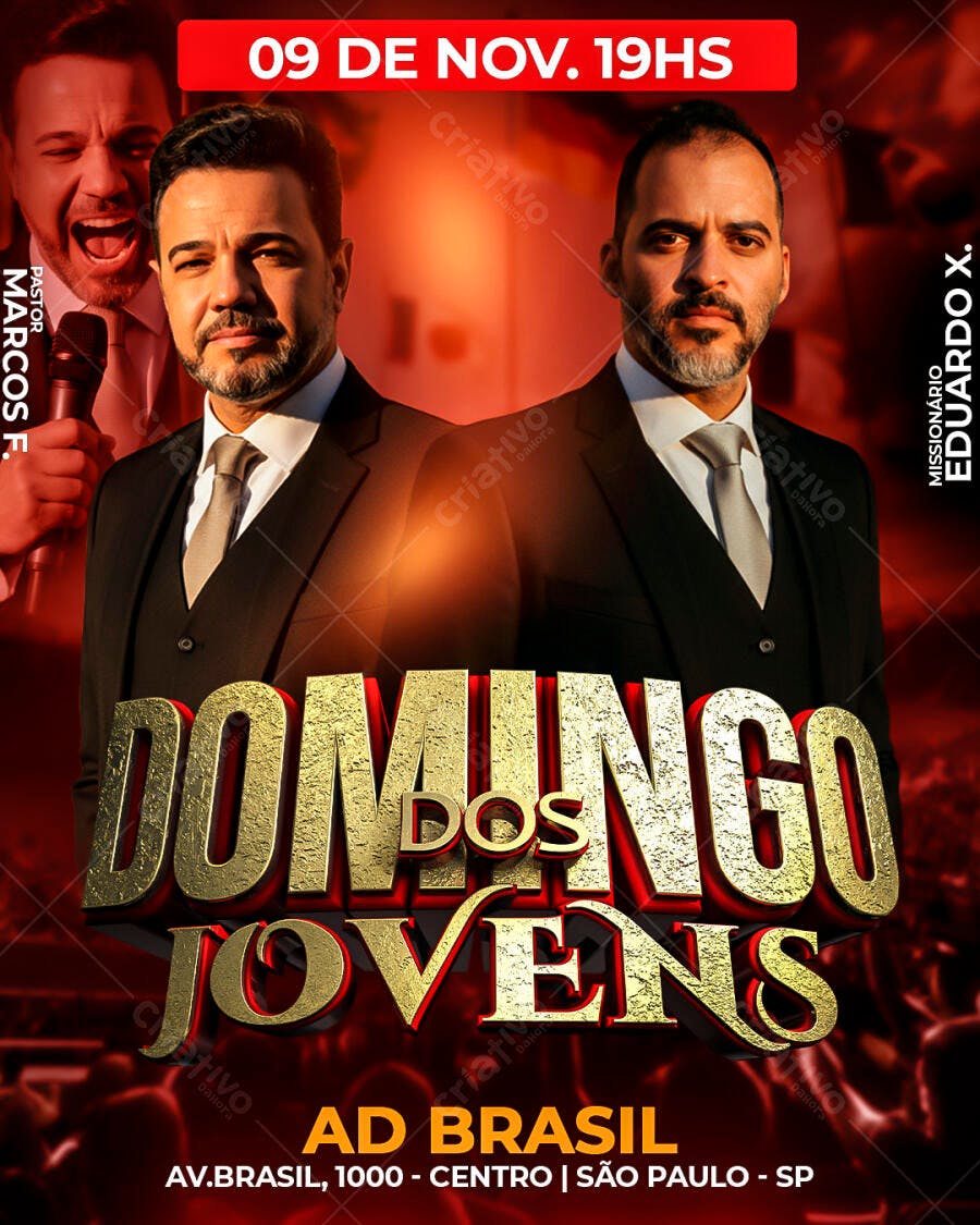 Flyer Culto Jovens Pastores Marcos F e Missionário Eduardo X PSD Editável