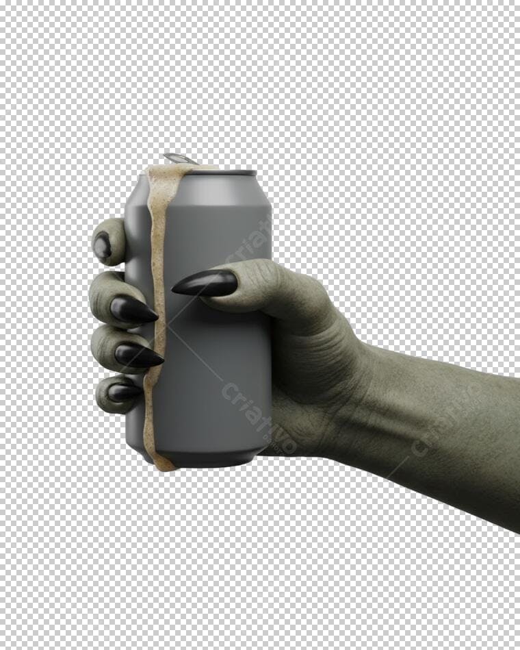 Elemento Gráfico Mão de Monstro Zumbi Segurando Lata de Cerveja Cinza e Espuma Halloween PNG com fundo transparente