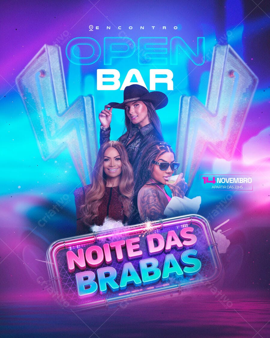 Flyer Encontro Noite das Brabas Open Bar PSD Editável