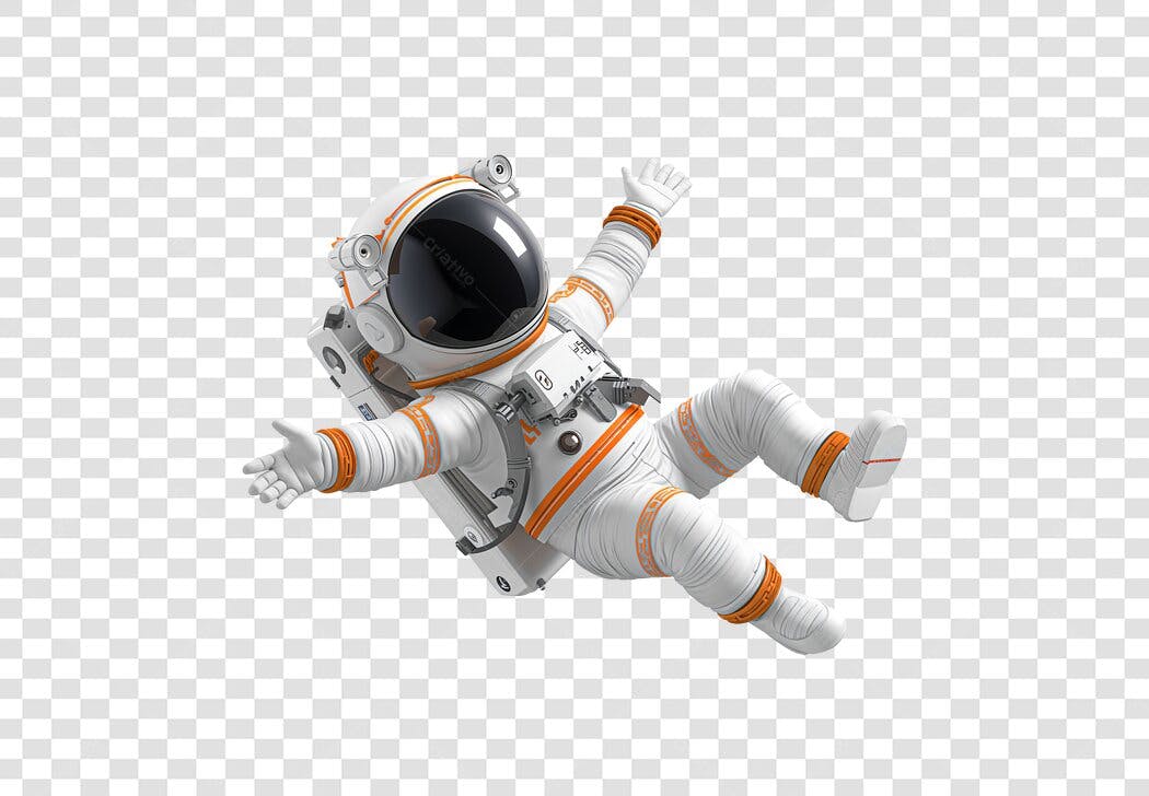 Elemento gráfico astronauta flutuando no espaço em 3D branco e laranja PNG com fundo transparente