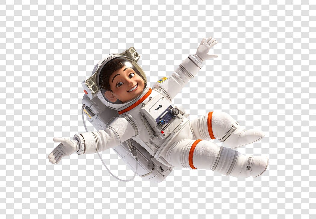 Ilustração 3D astronauta criança flutuando no espaço PNG com fundo transparente