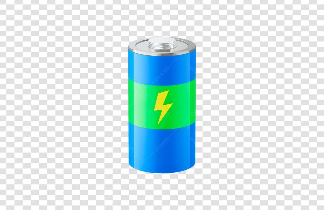 Ícone de bateria azul carregada com raio amarelo PNG com fundo transparente