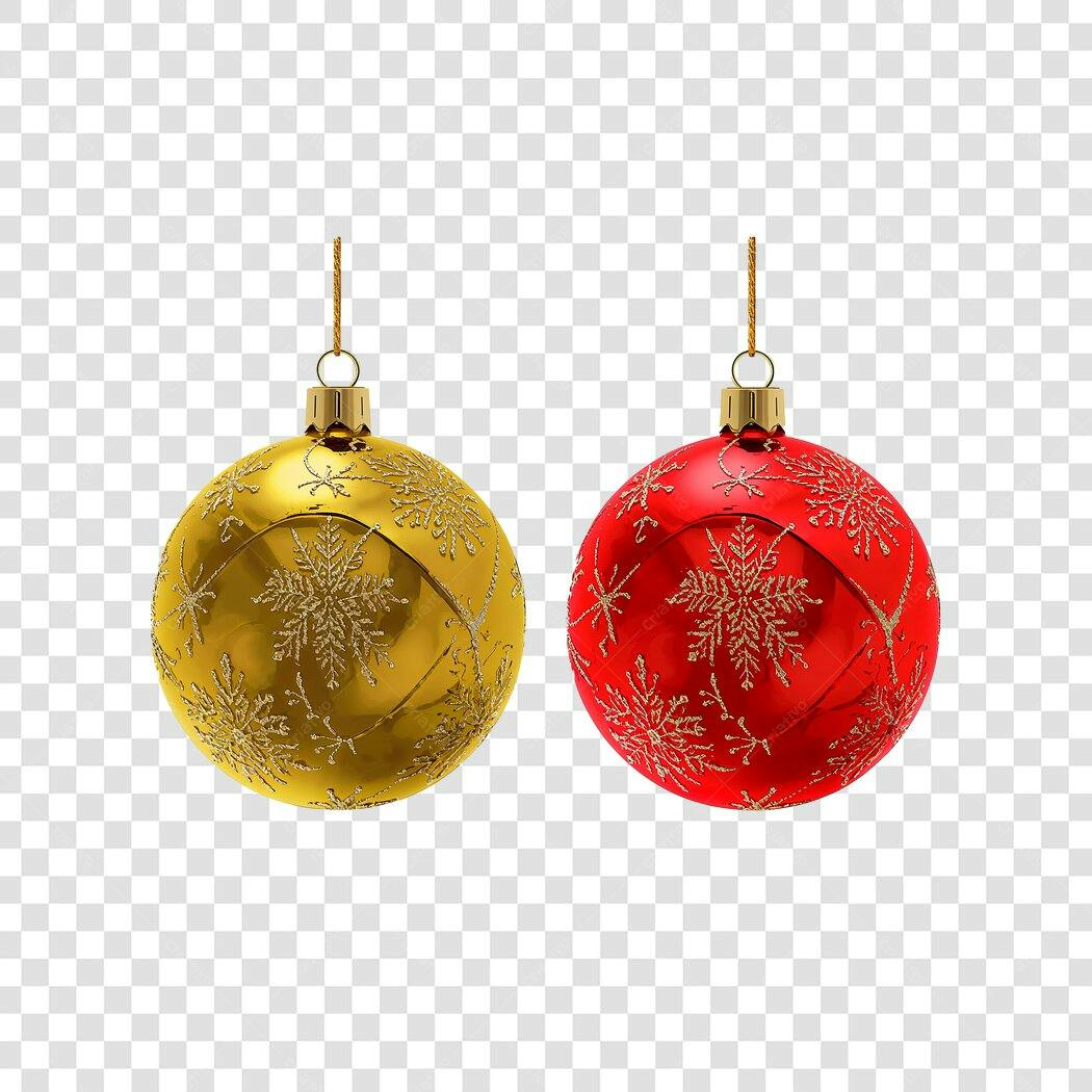 Elemento Gráfico Duas Bolas de Natal Dourada e Vermelha Flocos Neve PNG com fundo transparente