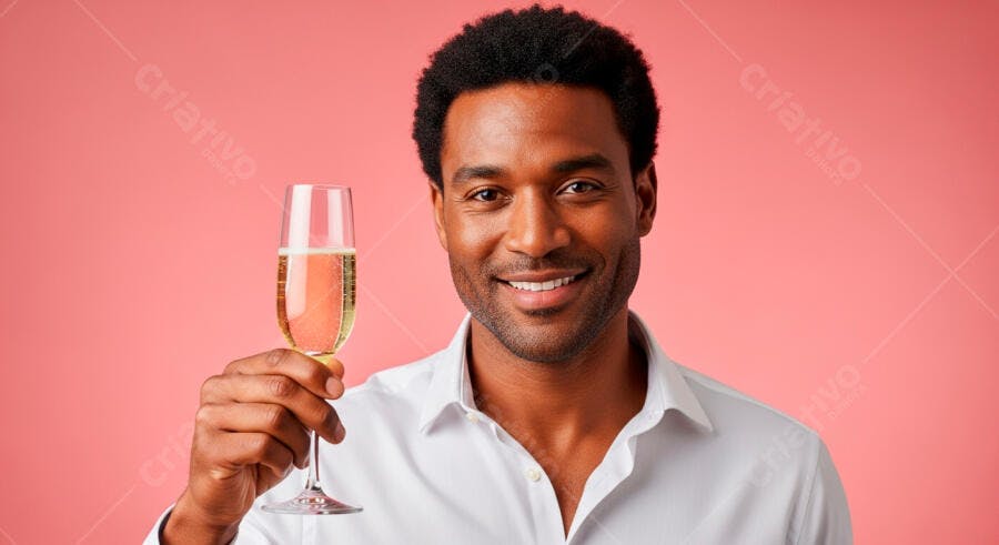 Homem negro sorrindo com taça de champanhe em brinde festivo fundo rosa