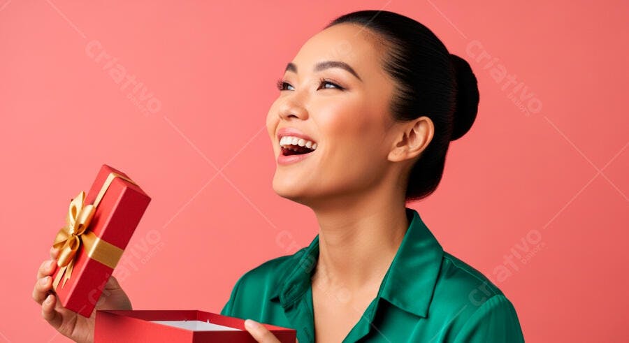 Mulher asiática feliz abrindo presente vermelho com laço dourado em fundo rosa