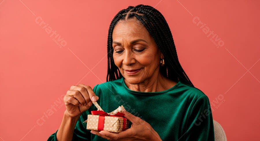 Mulher negra madura sorrindo abrindo presente com fita vermelha em fundo coral