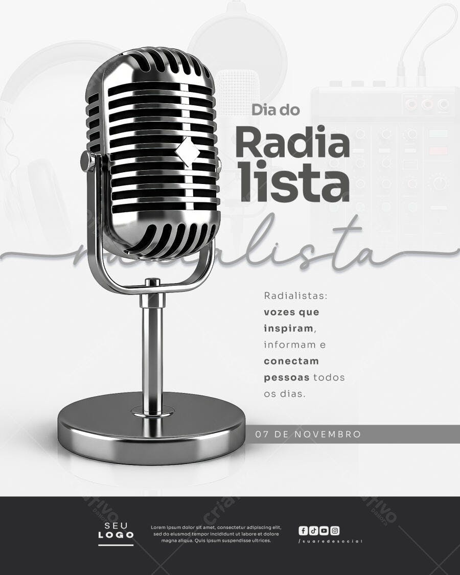 Flyer Dia do Radialista com Microfone Vintage Cromado PSD Editável