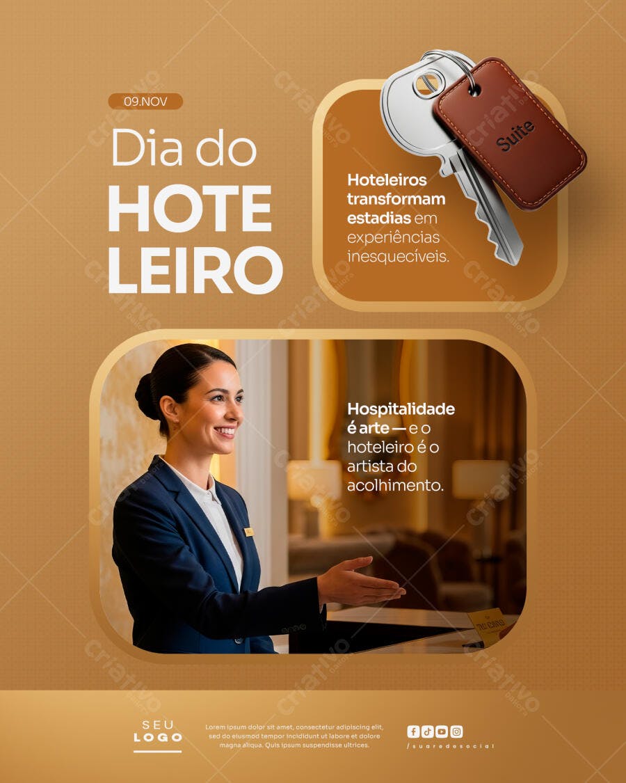 Flyer Dia do Hoteleiro PSD Editável com Recepcionista e Chave Suite
