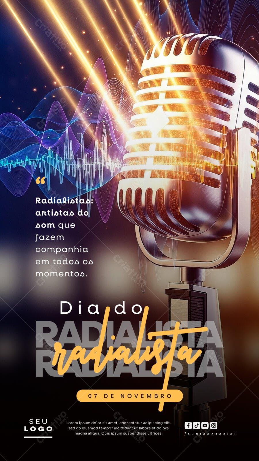 Flyer Dia do Radialista Microfone Dourado Ondas Sonoras PSD Editável