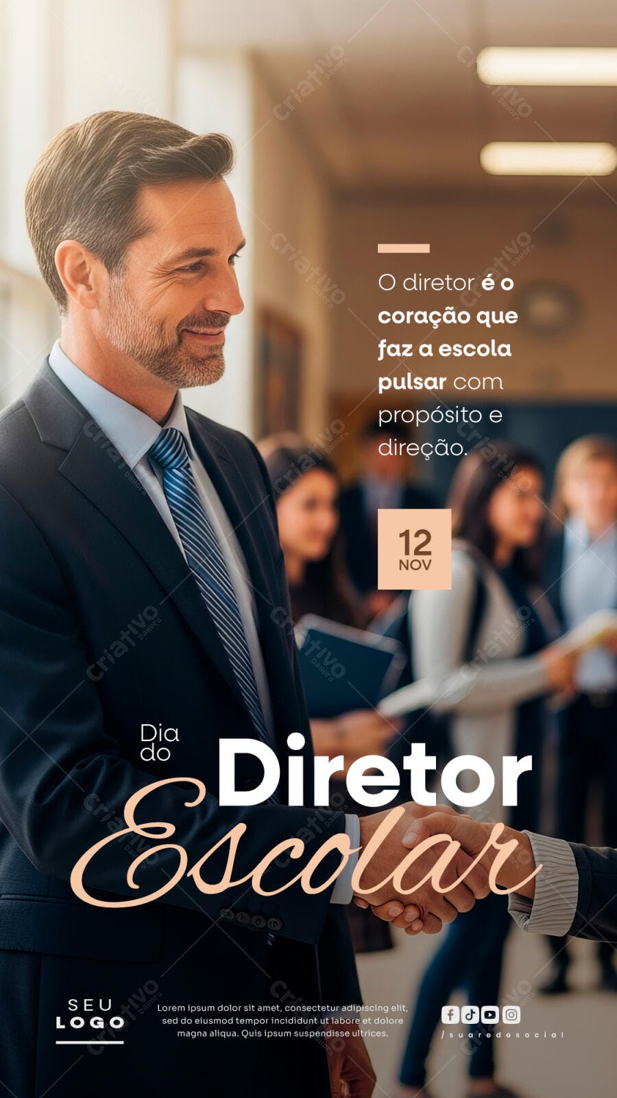 Flyer Dia do Diretor Escolar 12 NOV com Homem de Terno e Aperto de Mãos PSD Editável