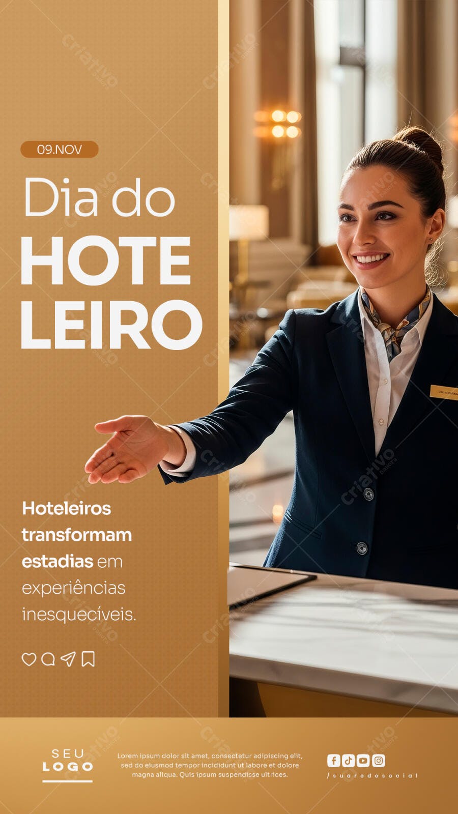 Flyer Vertical Dia do Hoteleiro Recepcionista Sorridente PSD Editável