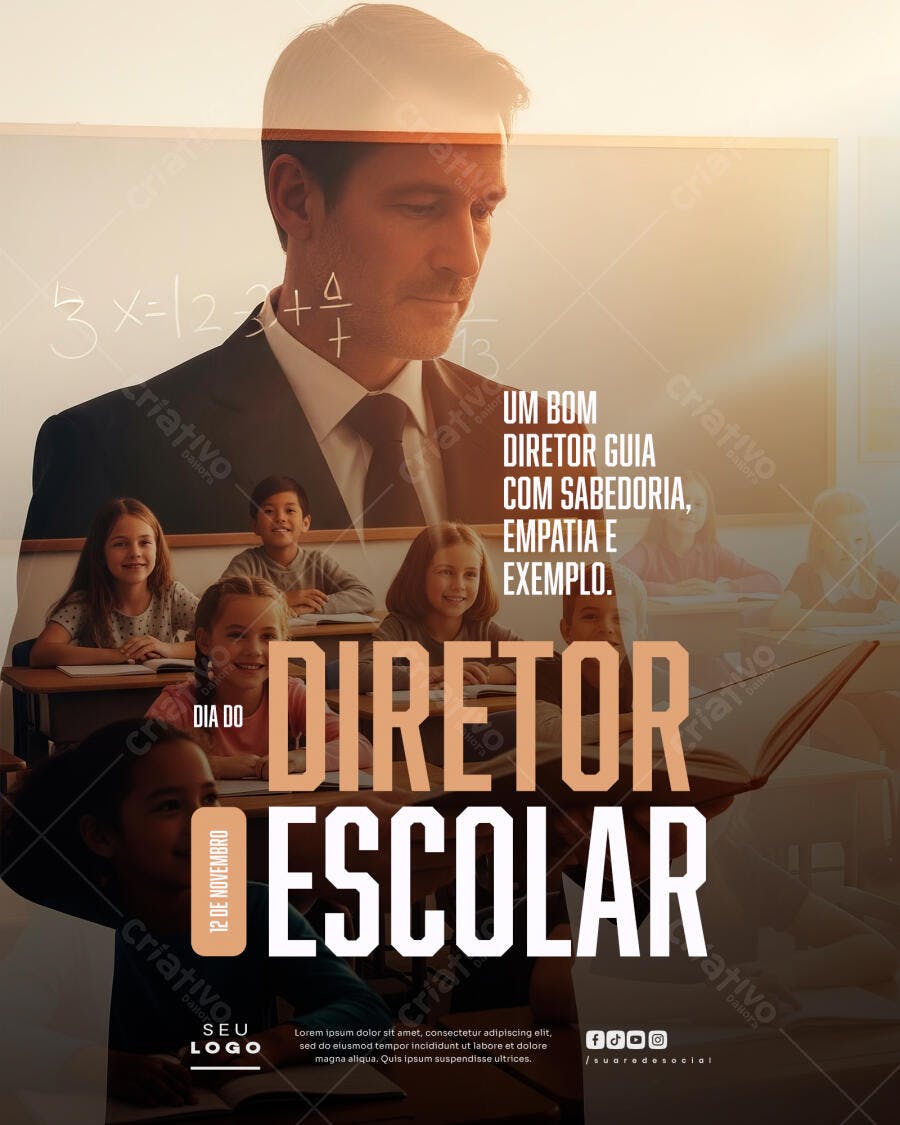 Post para Redes Sociais Dia do Diretor Escolar com Alunos PSD Editável