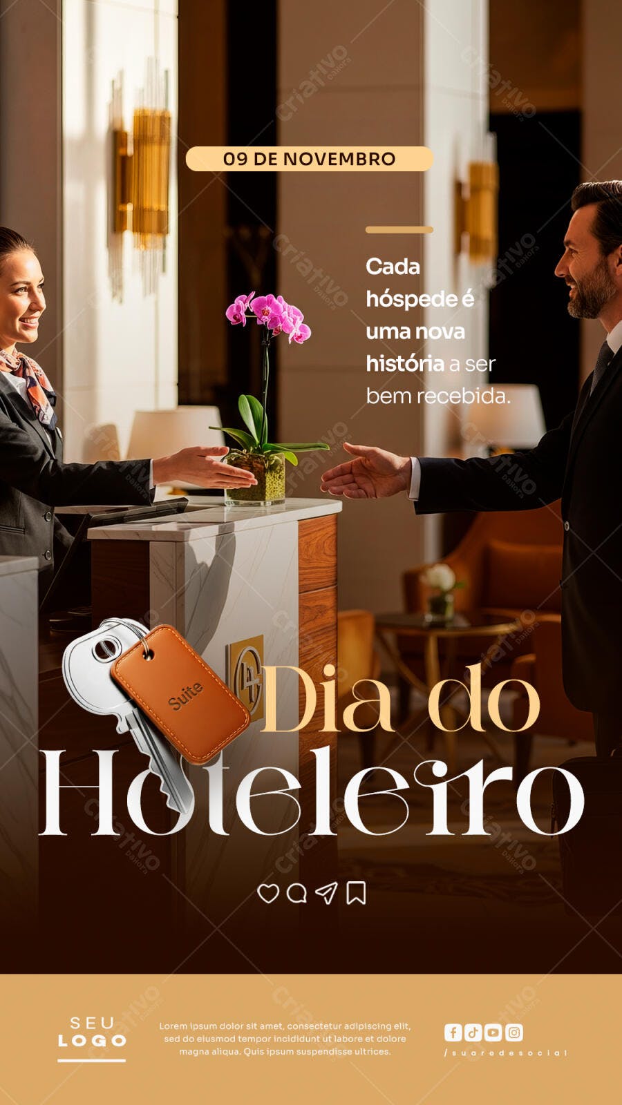 Flyer Dia do Hoteleiro 09 Novembro Recepção Hotel Chave Suite PSD Editável