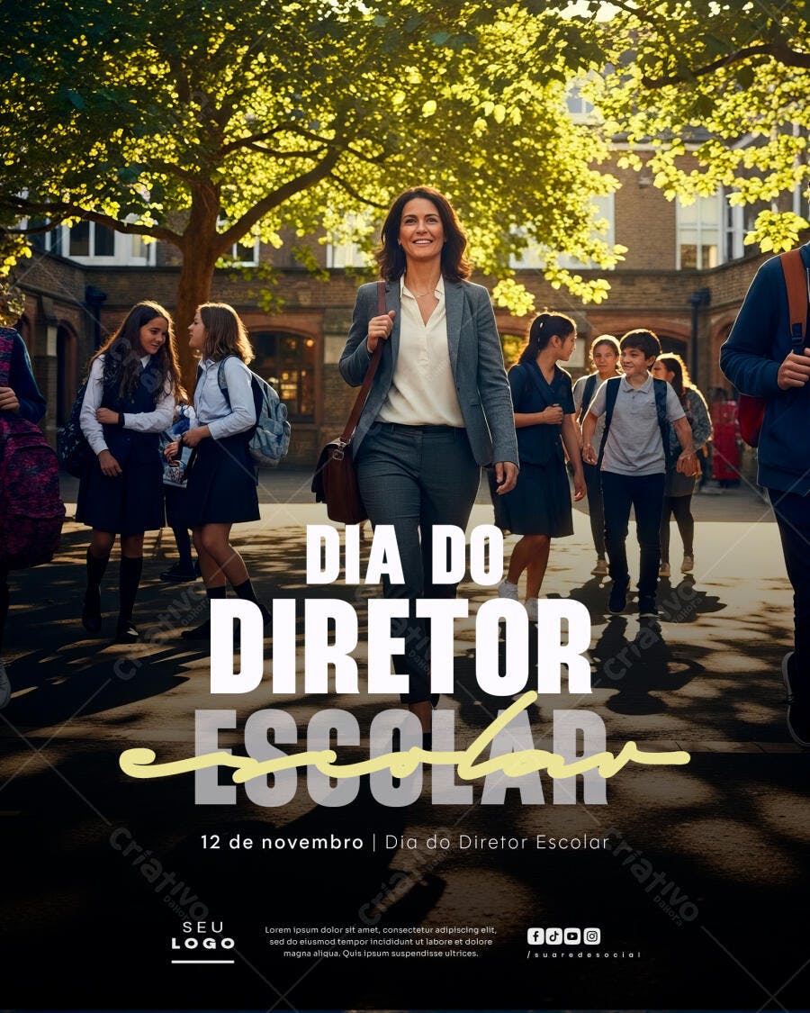 Flyer Dia do Diretor Escolar Mulher Profissional Educação PSD Editável