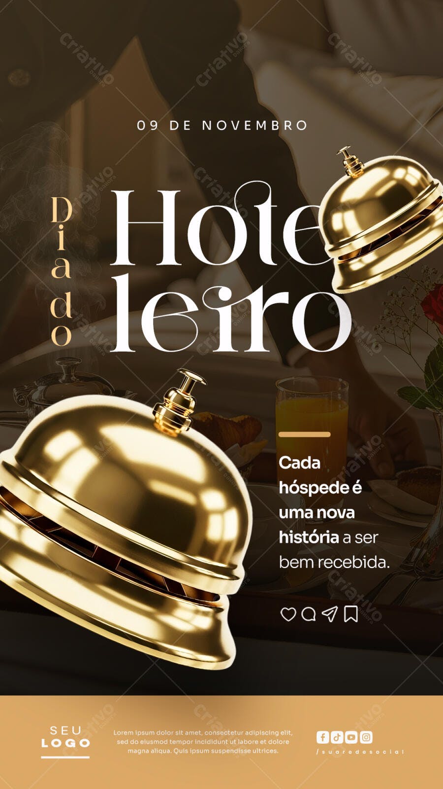 Post de Hotel Dia do Hoteleiro com Sino Dourado PSD Editável