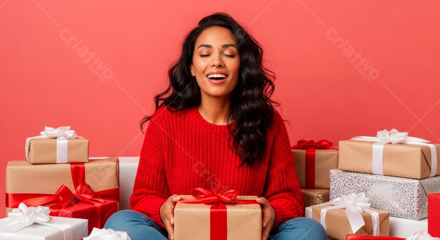 Mulher morena sorrindo de olhos fechados com presentes de Natal em fundo vermelho