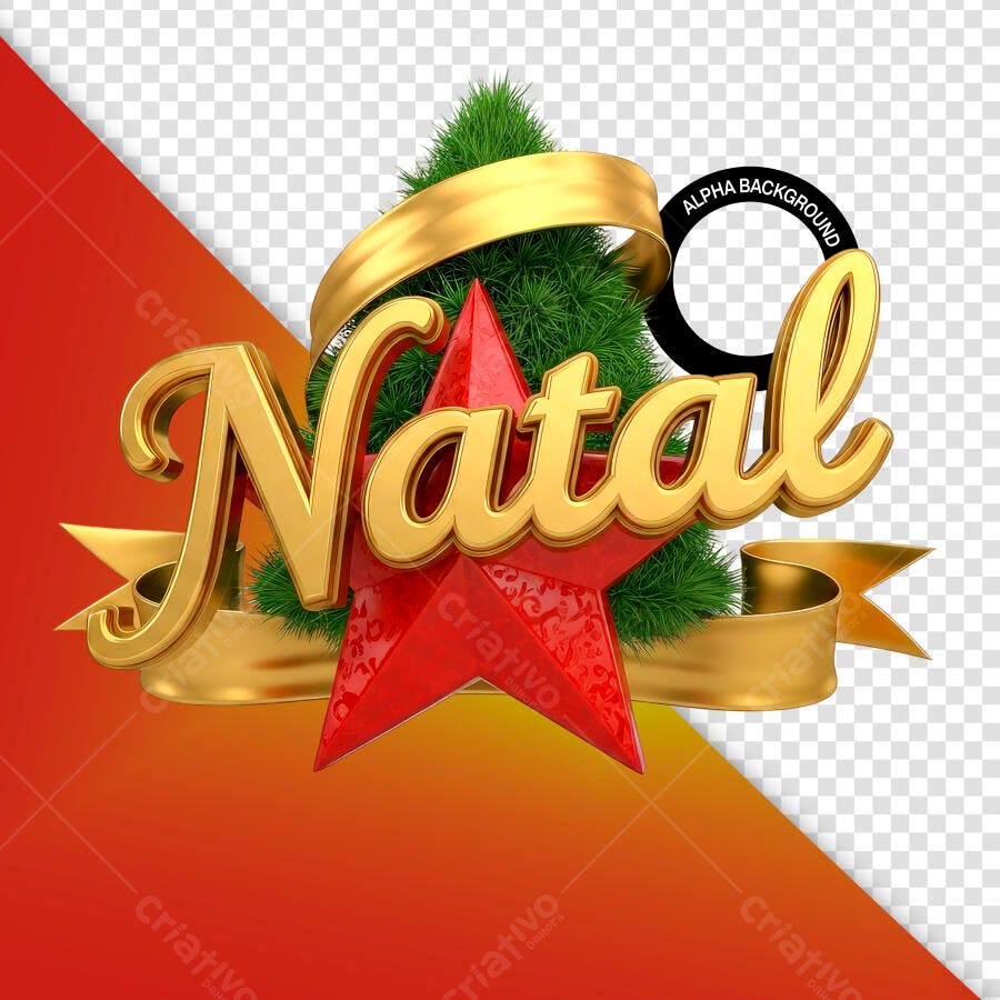 Elemento Gráfico 3D para Natal Dourado com Estrela Vermelha PSD Editável