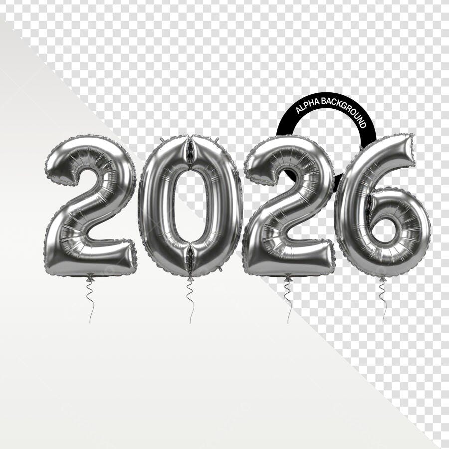 Balões Metálicos Prata 2026 para Celebração de Ano Novo PSD Editável