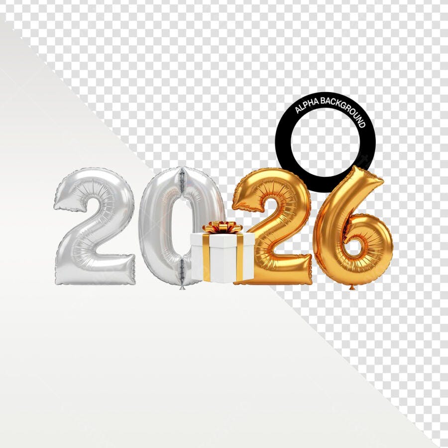 Balões 3D 2026 Dourado Prata com Presente para Celebração PSD Editável