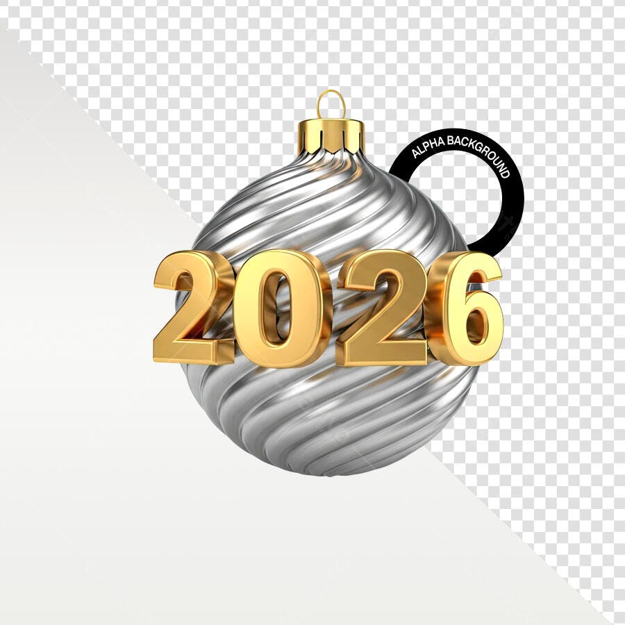 Ornamento 3D Prata Dourado 2026 para Ano Novo PSD Editável