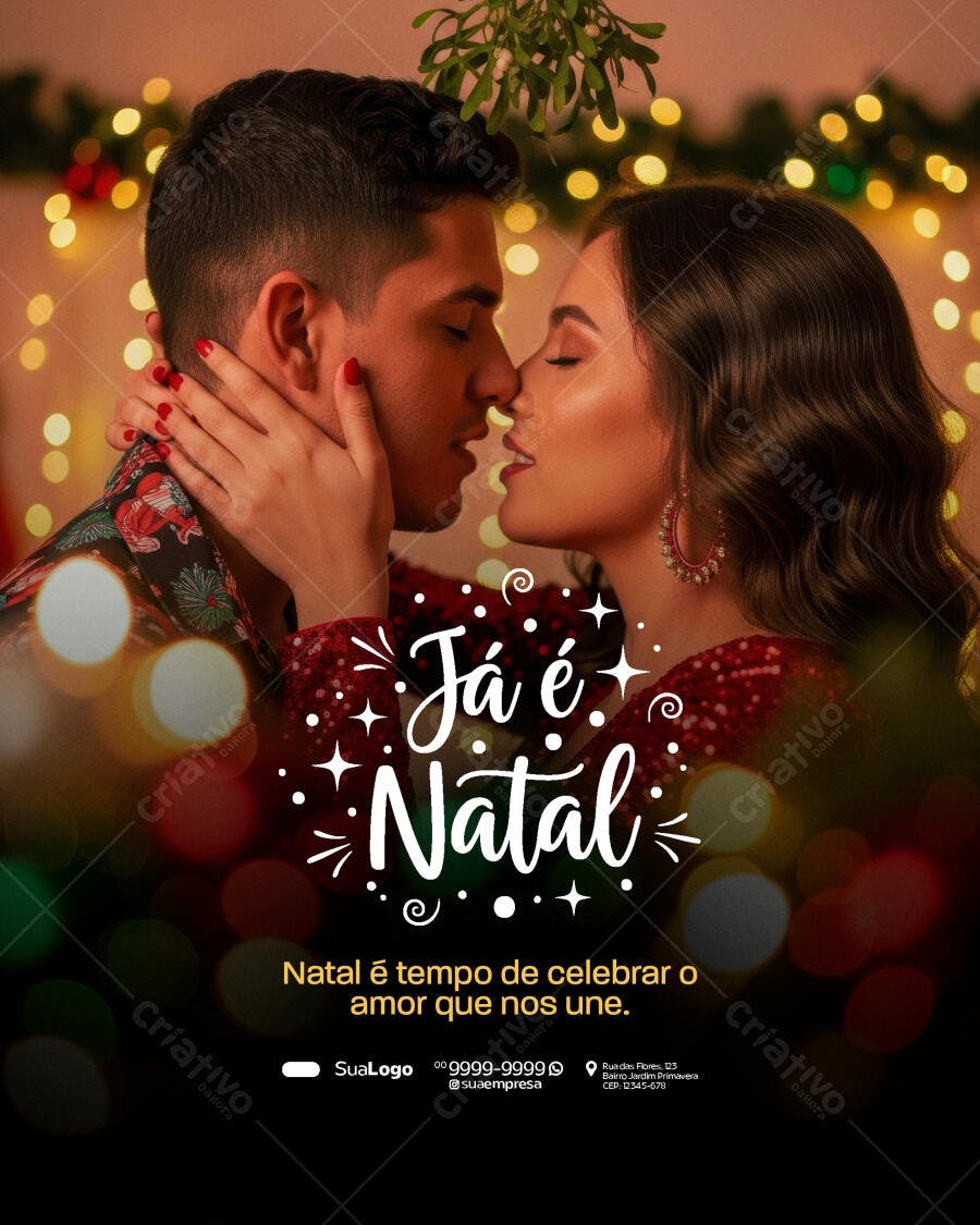 Flyer Natal Casal Romântico Beijo Visco Luzes Bokeh PSD Editável