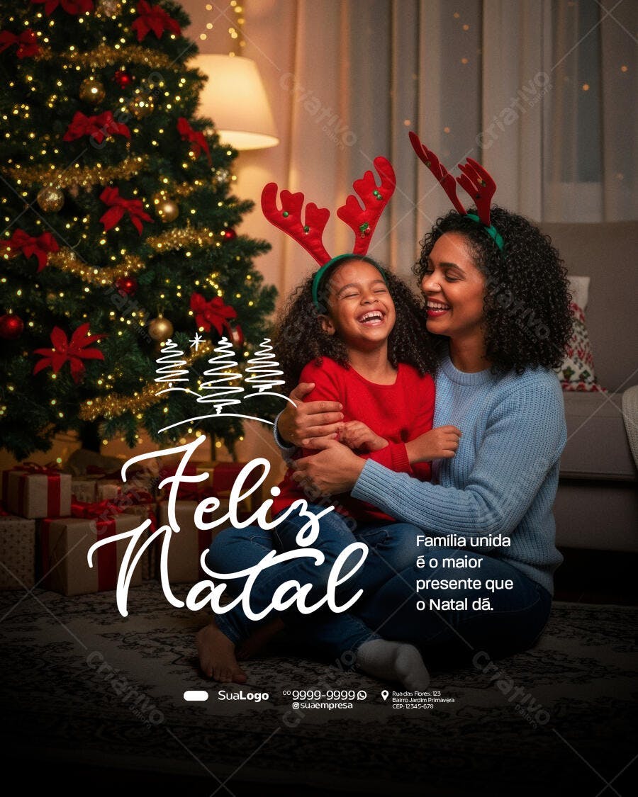 Flyer Feliz Natal Mãe e Filha Afro-Brasileiras com Renas e Árvore Psd Editável