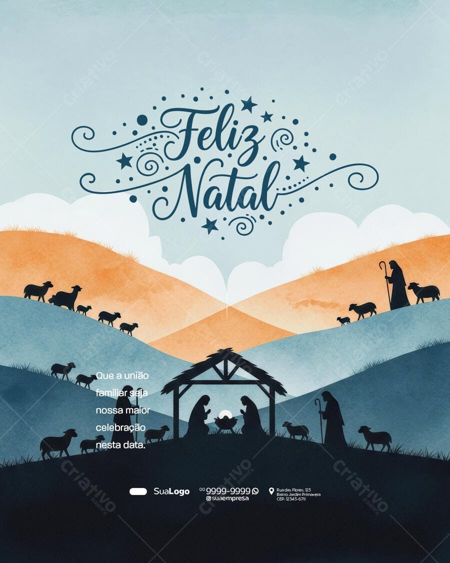 Cartão de Natal com Presépio para Família PSD Editável