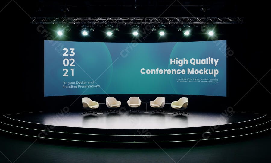 Mockup de Palco de Conferência Moderno com Tela Grande e Cadeiras para Eventos Corporativos