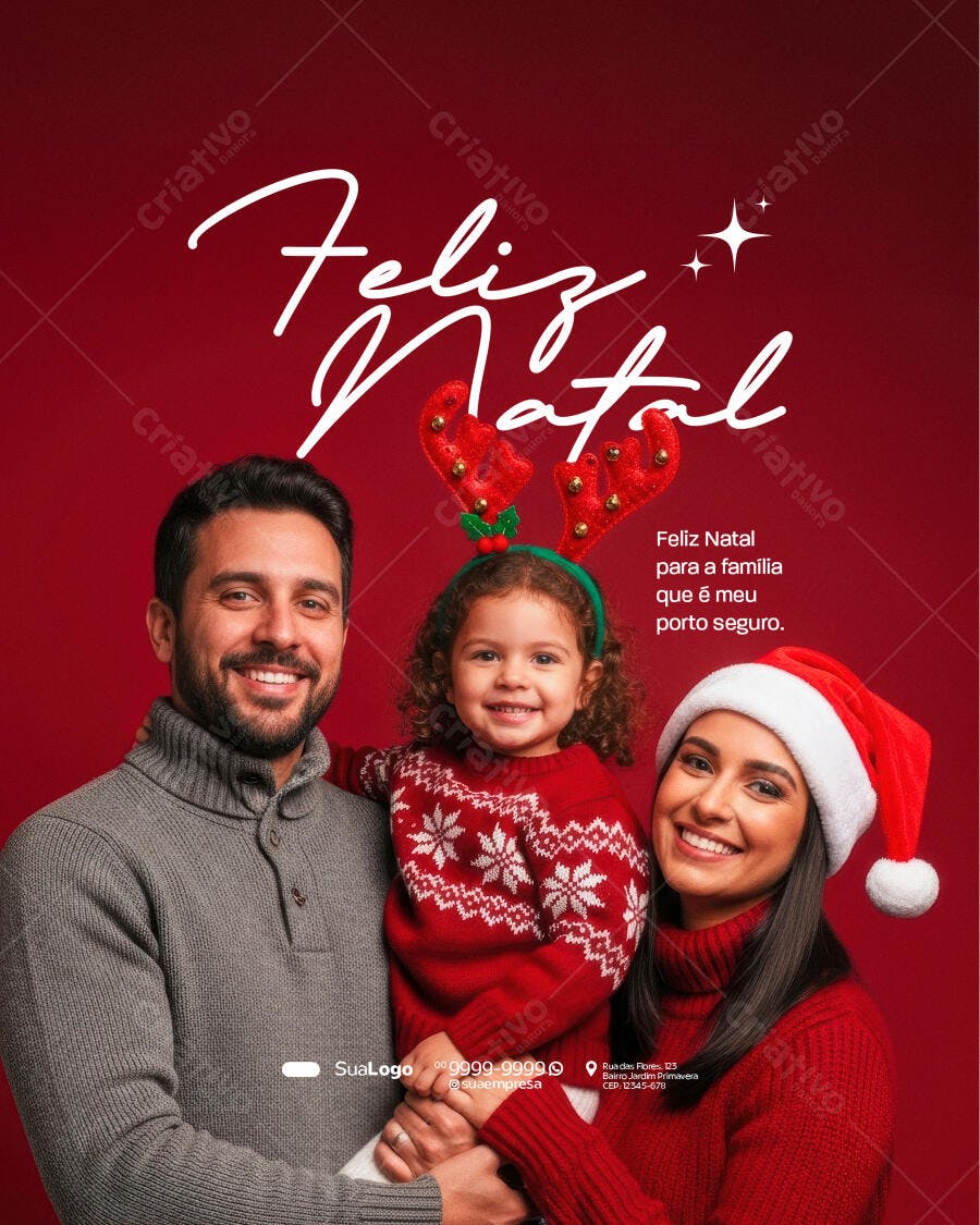 Flyer Feliz Natal Família Sorrindo Vermelho PSD Editável