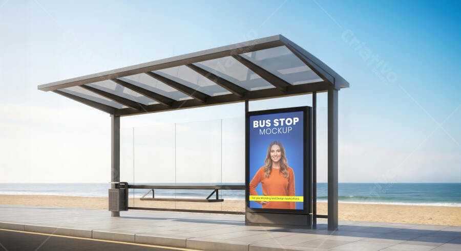 Mockup Realista Outdoor Ponto de Ônibus Moderno na Praia com Painel e Mulher