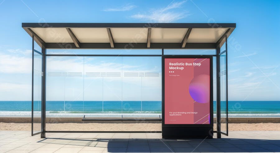 Mockup de Mídia Exterior Realista em Ponto de Ônibus Moderno na Praia
